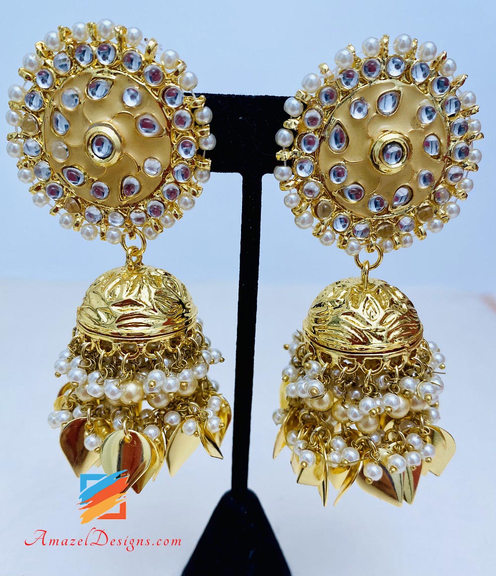 Golden Kundan Pippal Patti Jhumka Set Tikka oversize