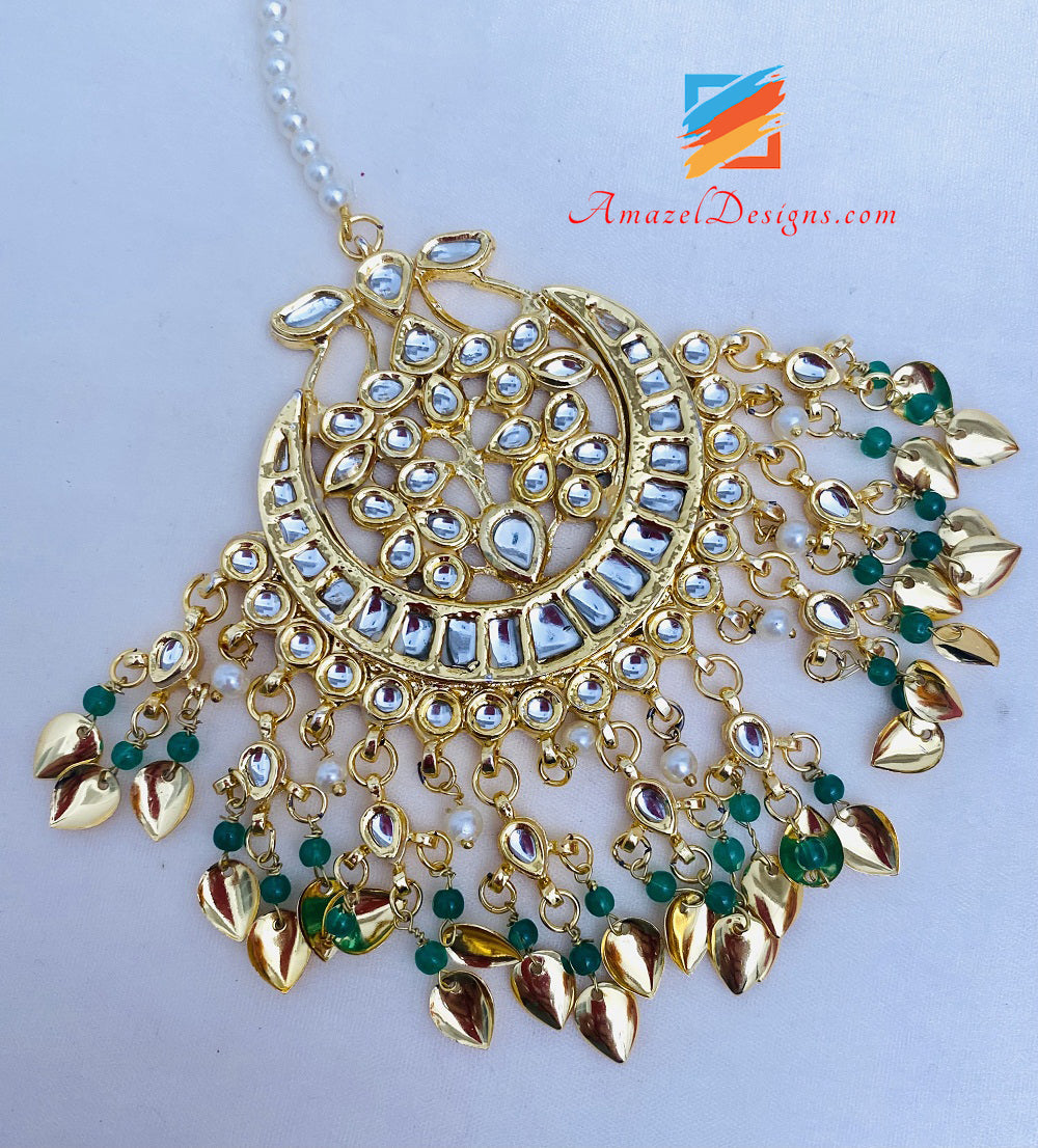 Lightweight High Quality Golden Pipal Patti Kundan Green Beads Jhumki Oversized Tikka Set