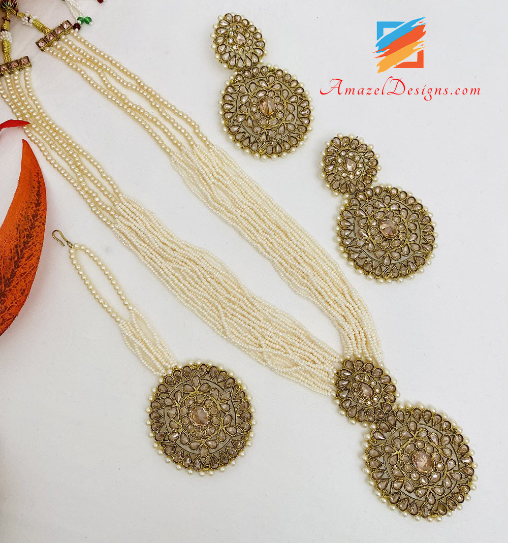Goldene lange Mala Rani Haar Polki Ohrringe Tikka Set