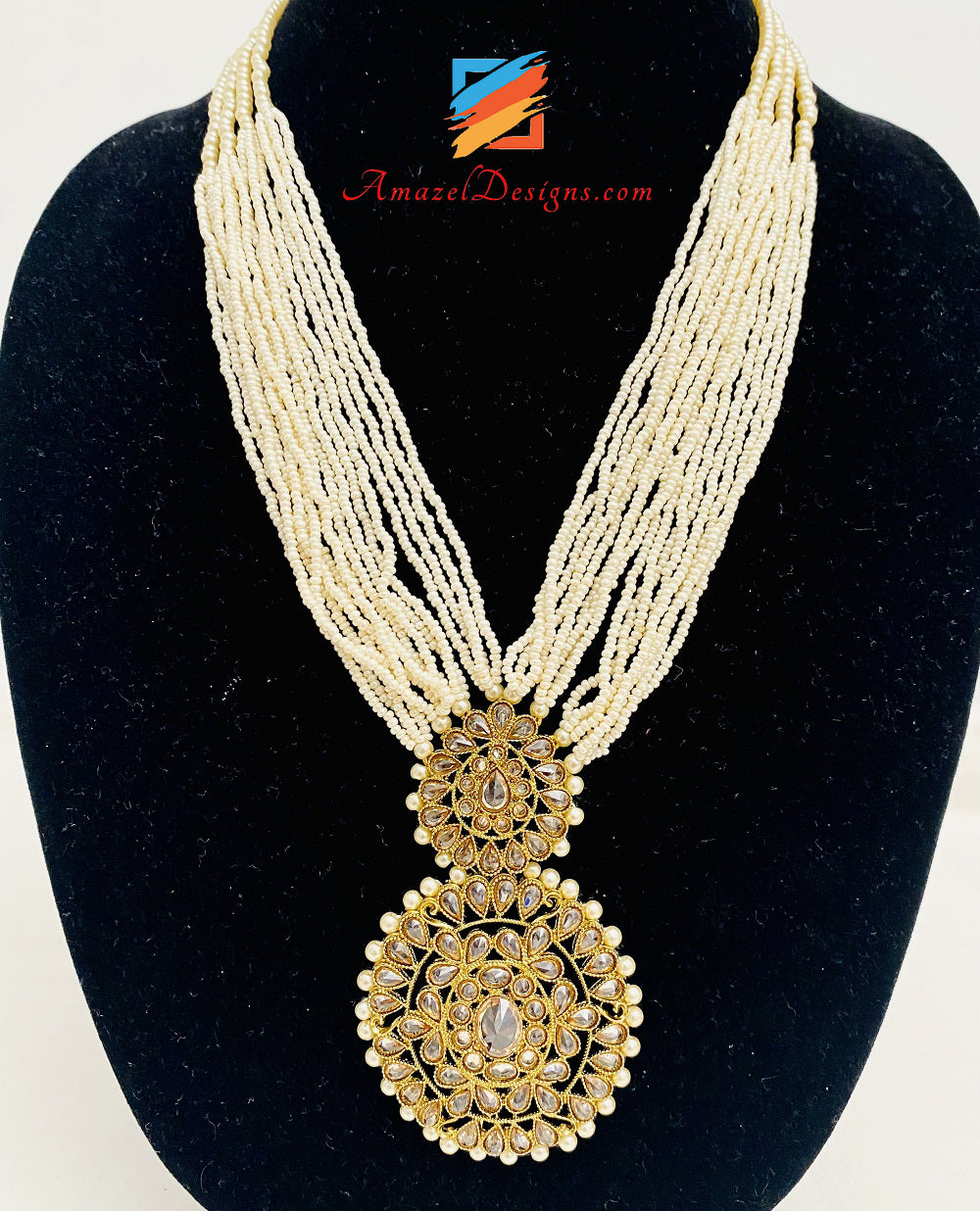 Goldene lange Mala Rani Haar Polki Ohrringe Tikka Set