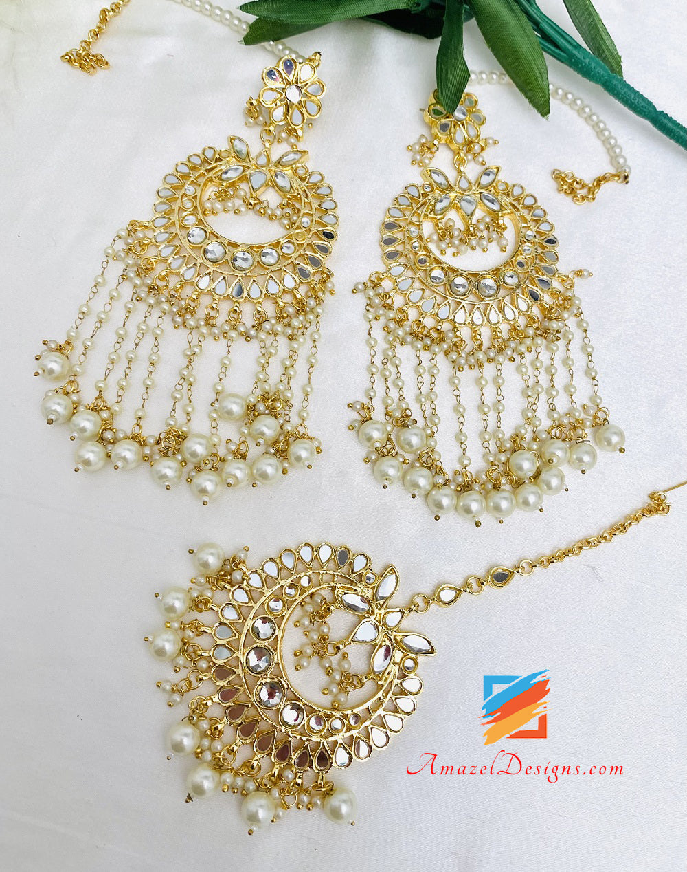 Golden Mirror Earrings Tikka Set