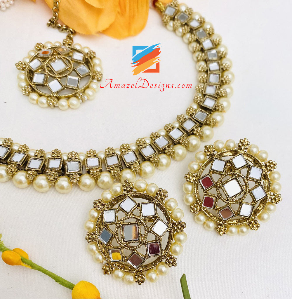 Golden Mirror Single Line Choker Necklace Studs Earrings Tikka Set
