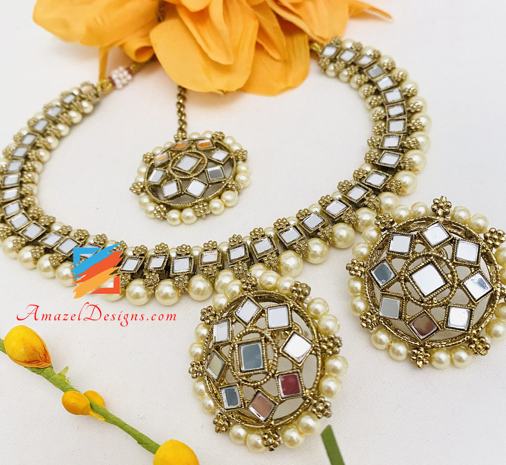 Golden Mirror Single Line Choker Necklace Studs Earrings Tikka Set