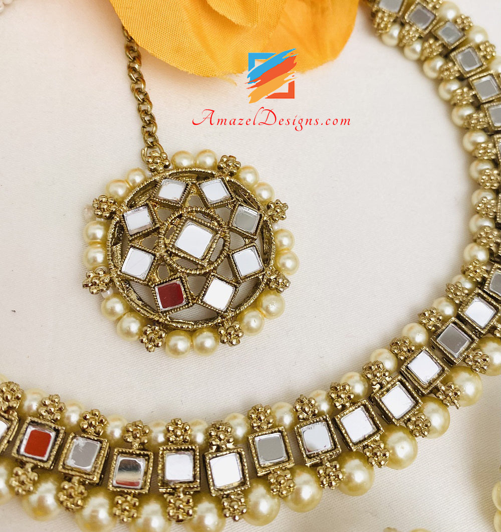 Golden Mirror Single Line Choker Necklace Studs Earrings Tikka Set
