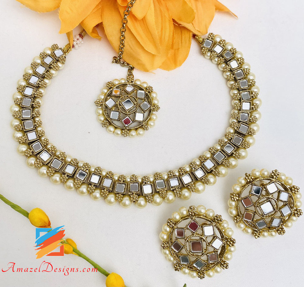 Golden Mirror Single Line Choker Necklace Studs Earrings Tikka Set
