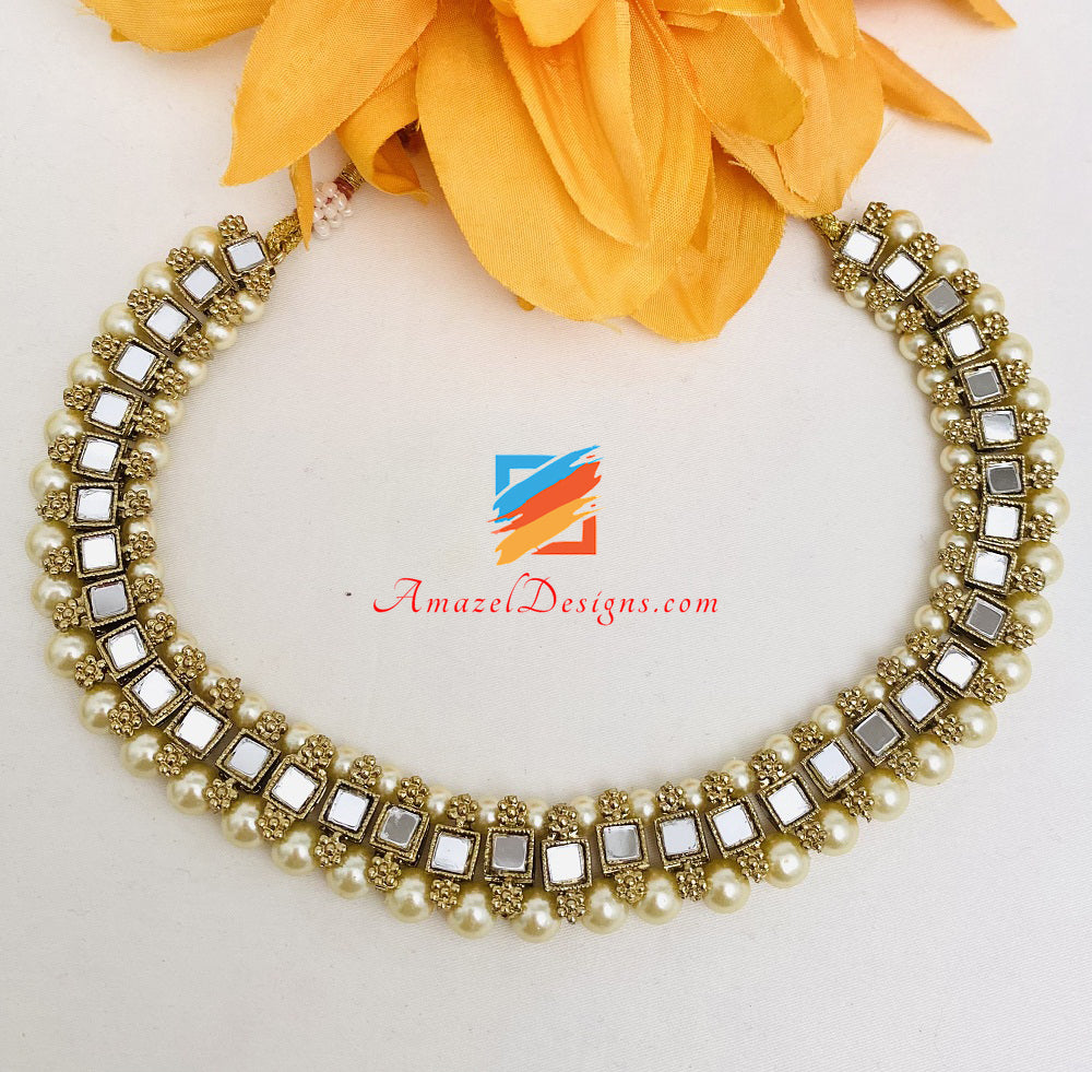 Golden Mirror Single Line Choker Necklace Studs Earrings Tikka Set