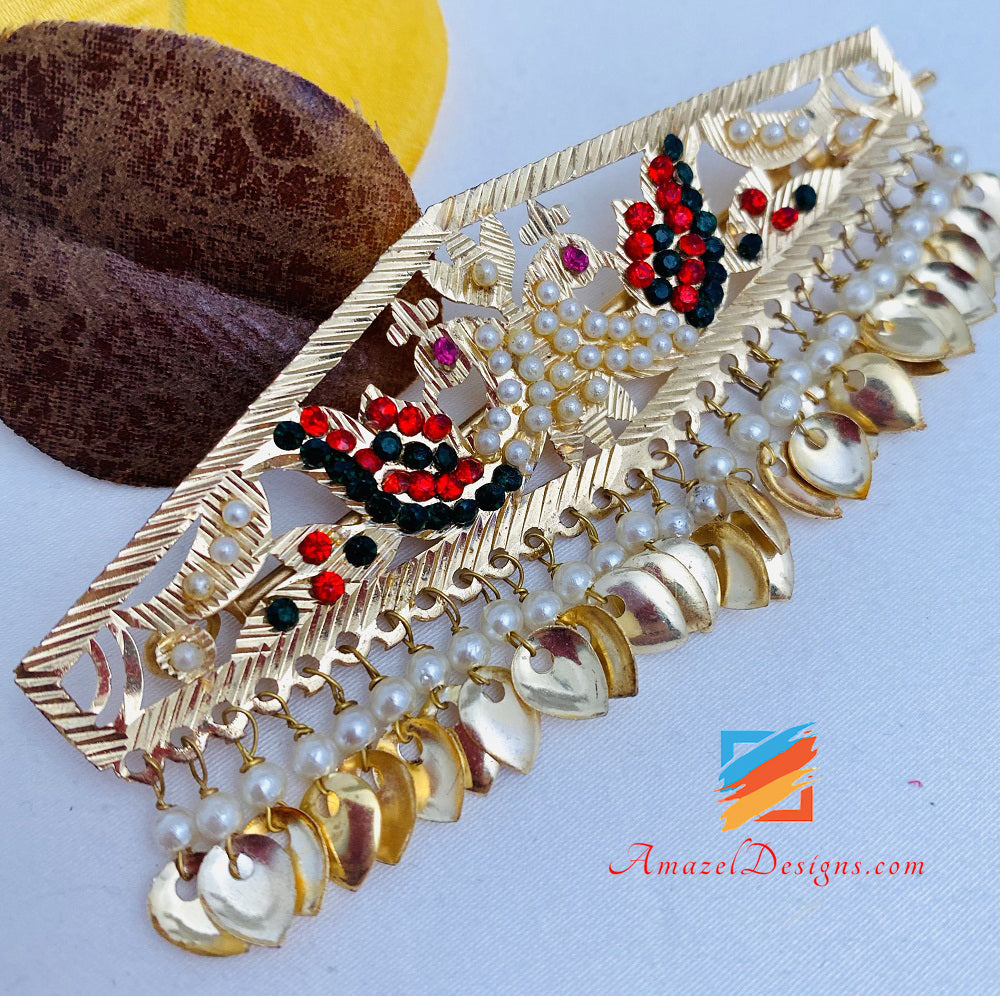 Golden Multicoloured Morni Traditional Pippal Patti Jadau Clip