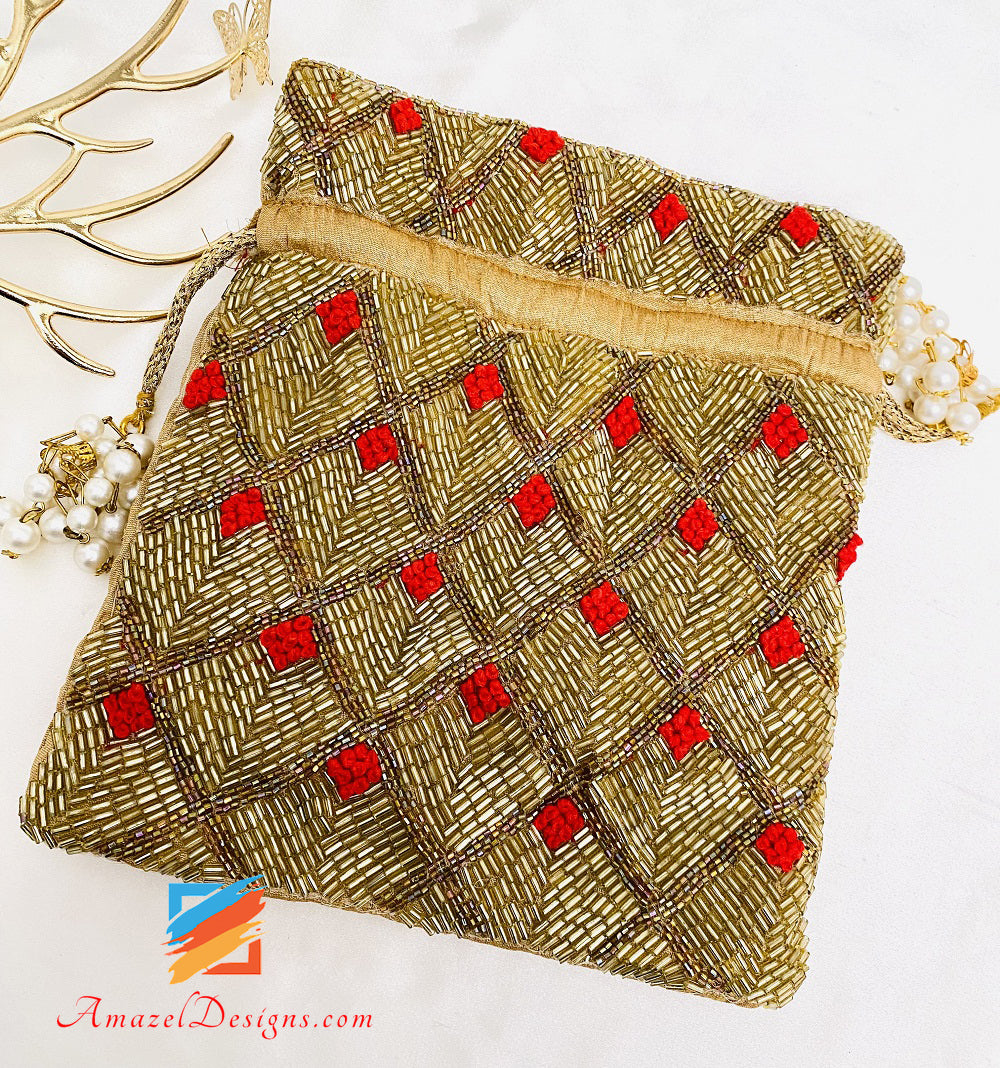 Golden Nalki Work With Touch Of Red - Potli