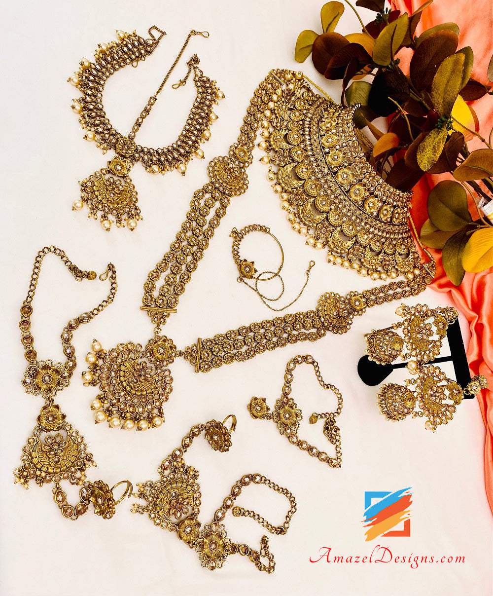 Polki Goldene Halskette Lange Mala – Rani Haar, Bajuband, Matha Patti, Handstück, Nath Nasenring