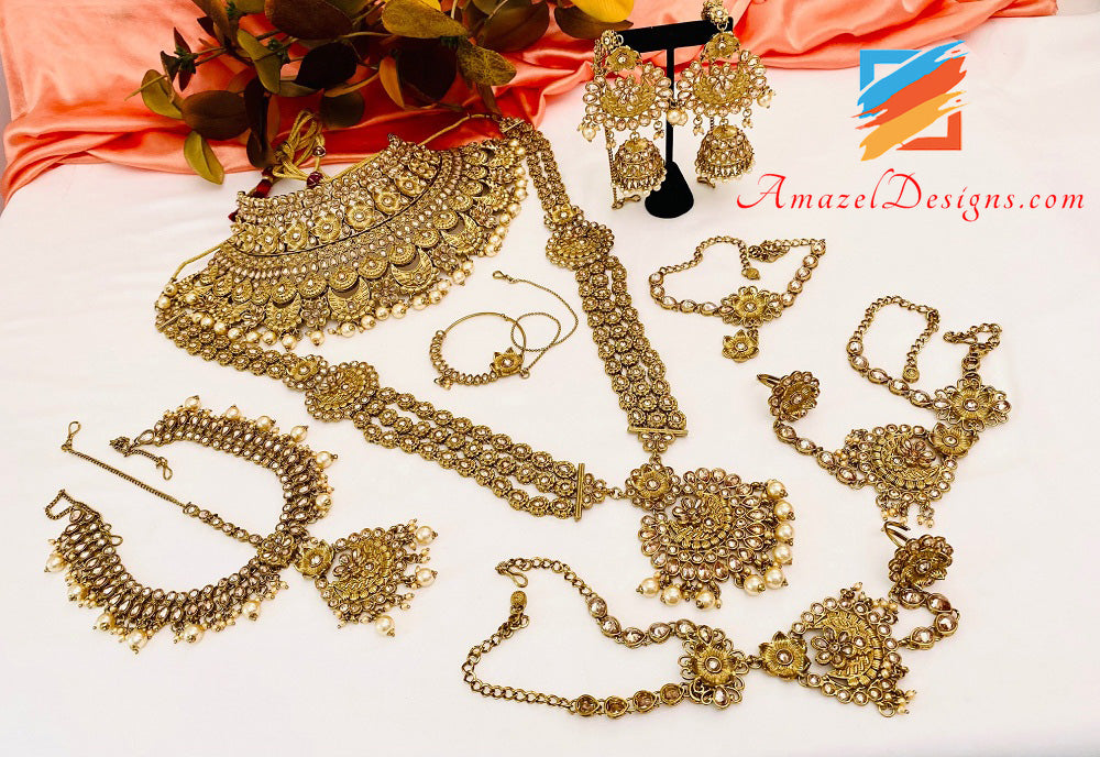 Polki Goldene Halskette Lange Mala – Rani Haar, Bajuband, Matha Patti, Handstück, Nath Nasenring