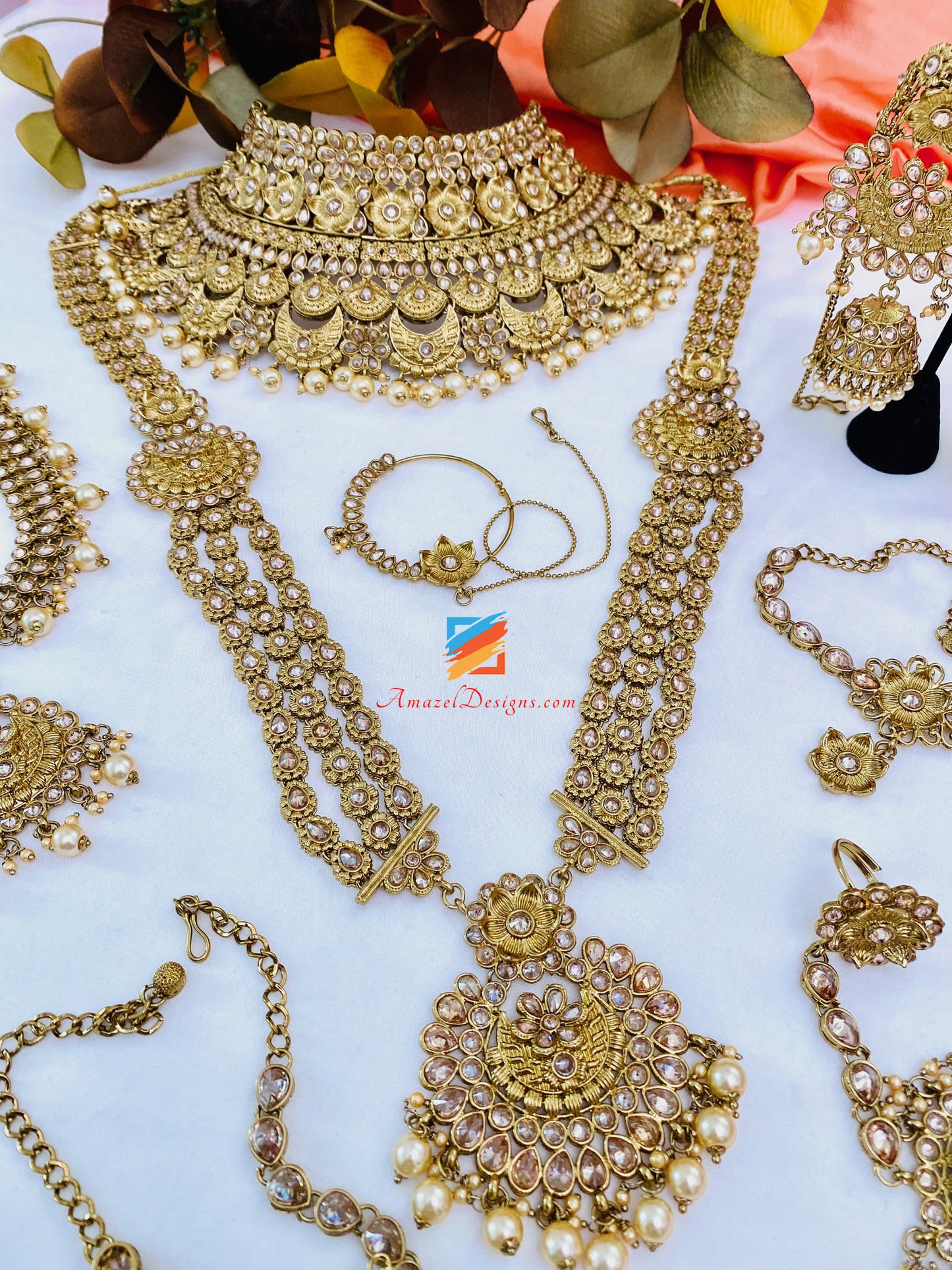 Polki Goldene Halskette Lange Mala – Rani Haar, Bajuband, Matha Patti, Handstück, Nath Nasenring
