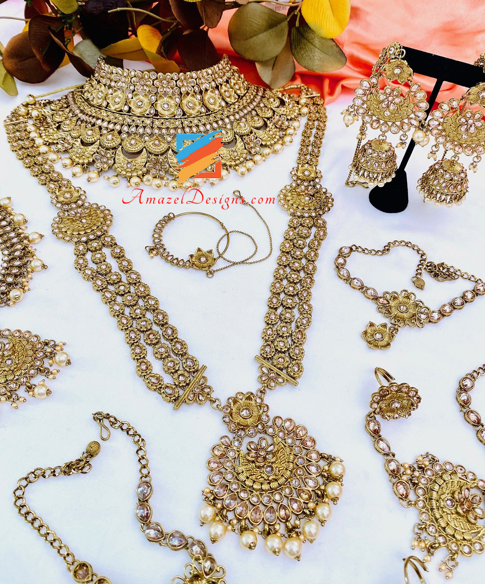 Polki Goldene Halskette Lange Mala – Rani Haar, Bajuband, Matha Patti, Handstück, Nath Nasenring