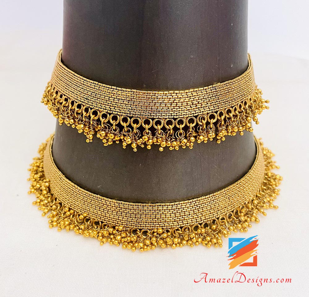 Golden Payal With Golden Bunches Of Tiny Beads – Amazel Designs