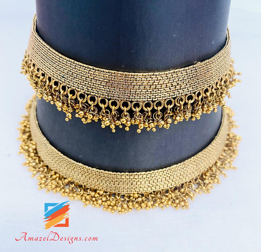 Golden Payal With Golden Bunches Of Tiny Beads