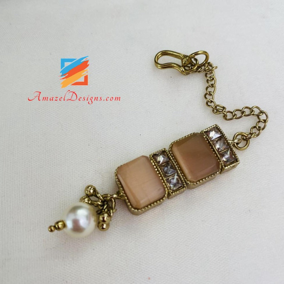 Goldene Pfirsich-Monalisa-Stein-Choker-Halskette, Jhumki-Tikka-Set