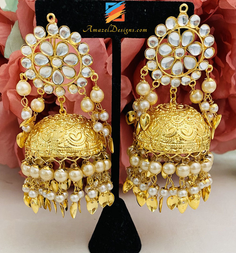 Golden Pippal Patti Kundan Oversized Tikka Earrings Set