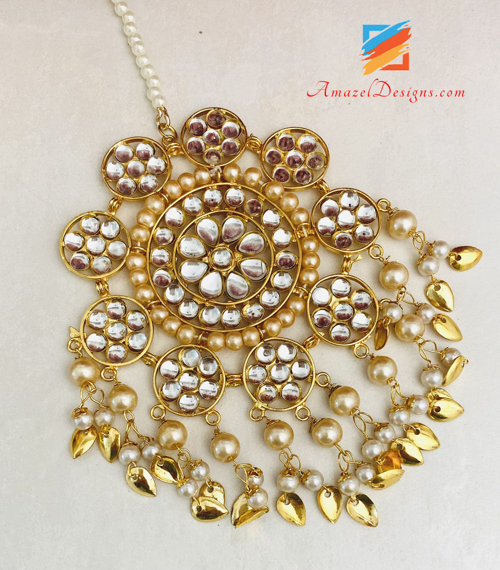 Golden Pippal Patti Kundan Oversized Tikka Earrings Set
