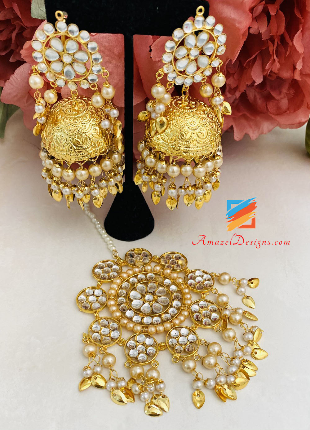 Golden Pippal Patti Kundan Oversized Tikka Earrings Set