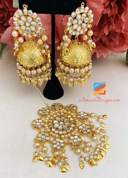 Golden Pippal Patti Kundan Oversized Tikka Earrings Set