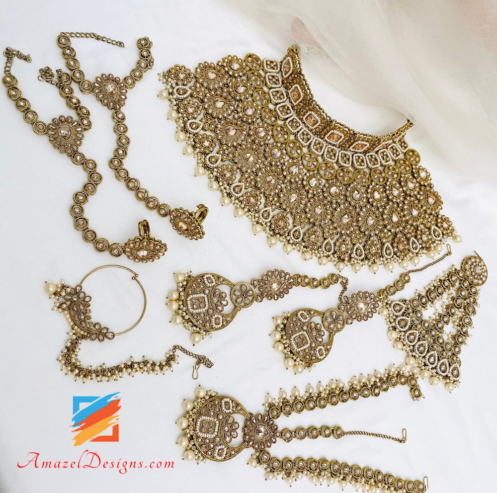 Golden Polki Bridal Necklace Earrings Head Piece - Matha Patti Hand Piece Passa Nath