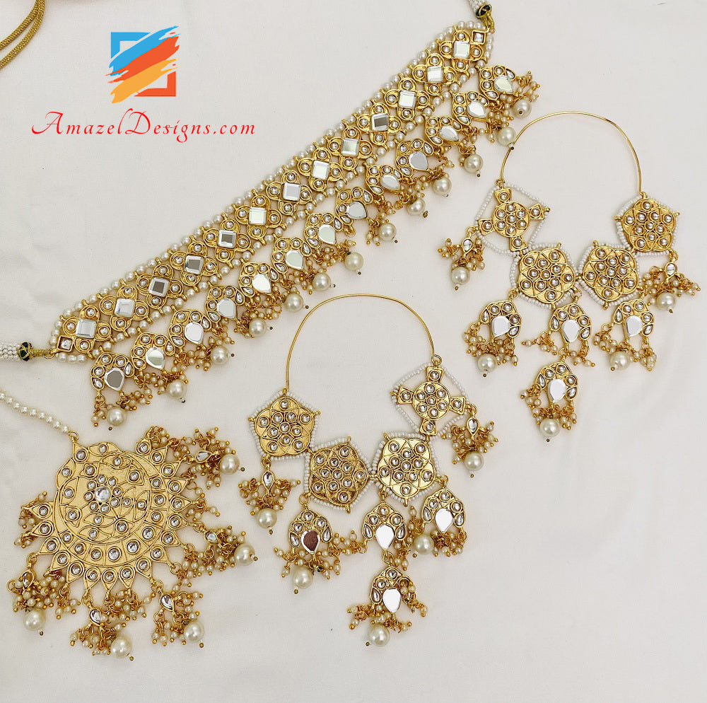 Golden Sheesha Kundan Choker Oversize Leggero Orecchini Balley Set Tikka