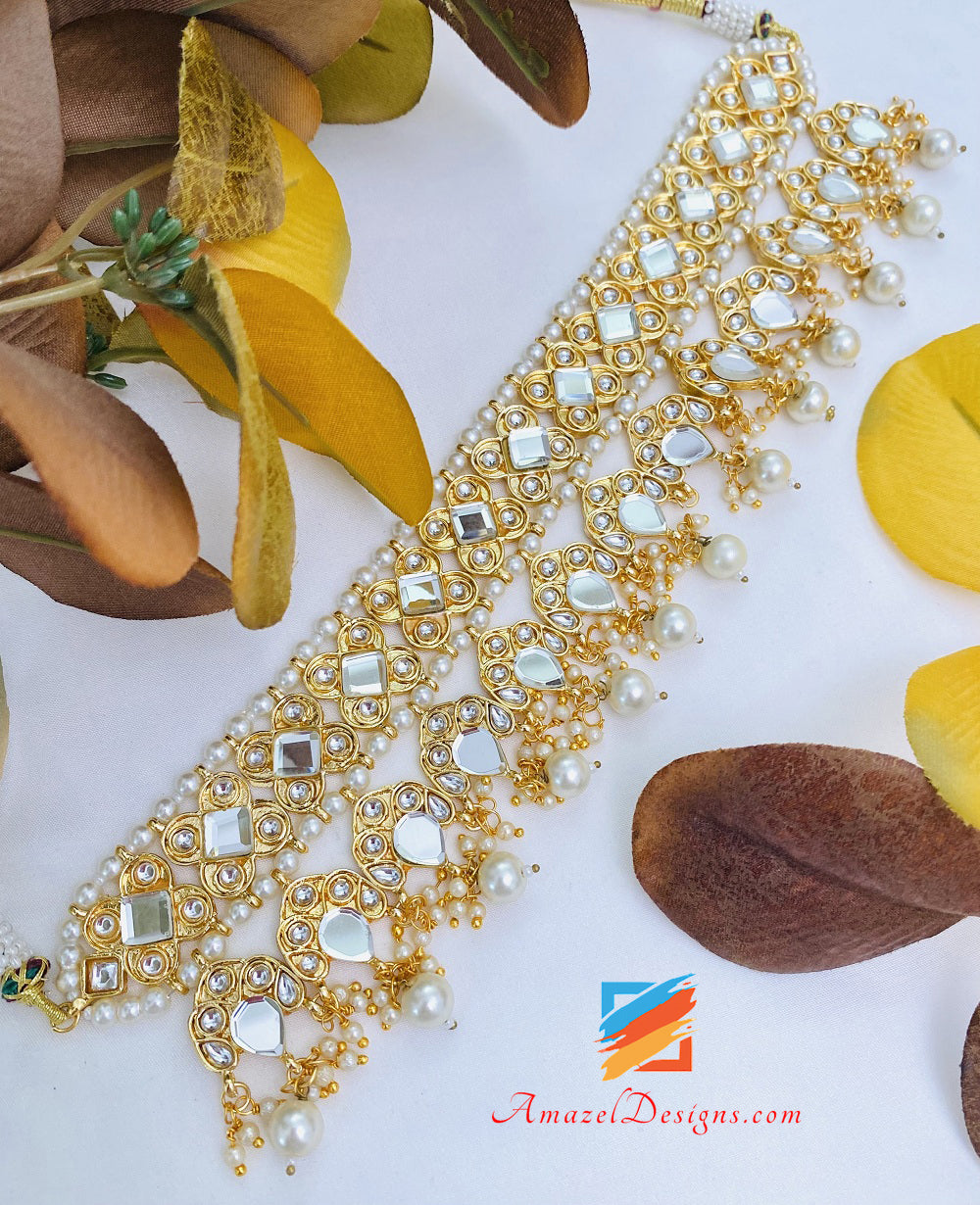 Golden Sheesha Kundan Choker Oversize Leggero Orecchini Balley Set Tikka