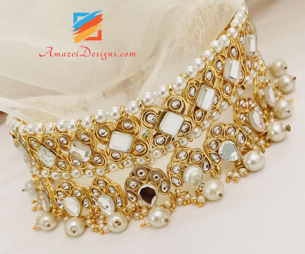 Golden Sheesha Kundan Choker Oversize Leggero Orecchini Balley Set Tikka