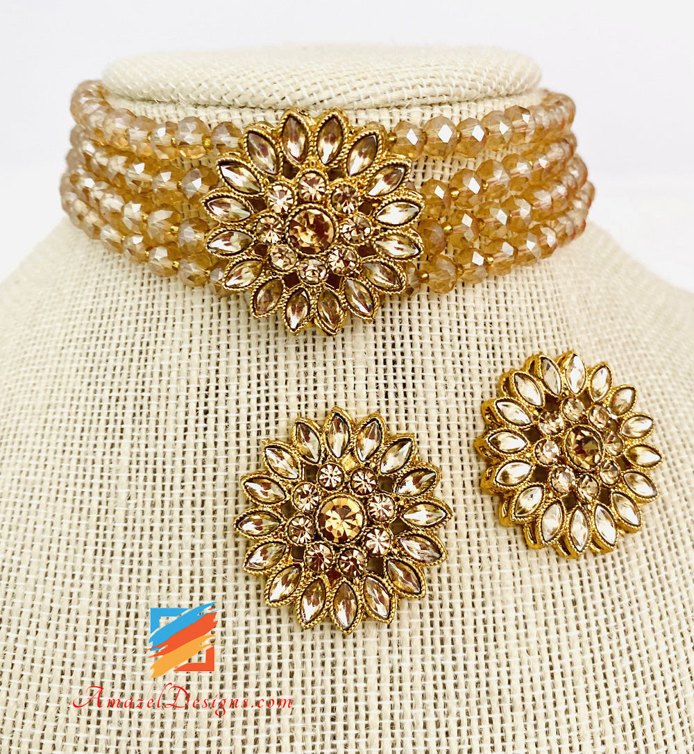 Golden Shiny Pearls Lightweight Flexible Choker And Studs Set