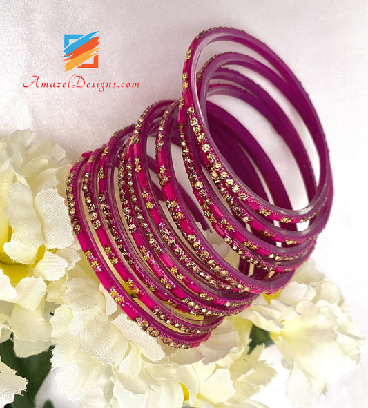 Golden Touch Magenta Glass Bangles With Stones