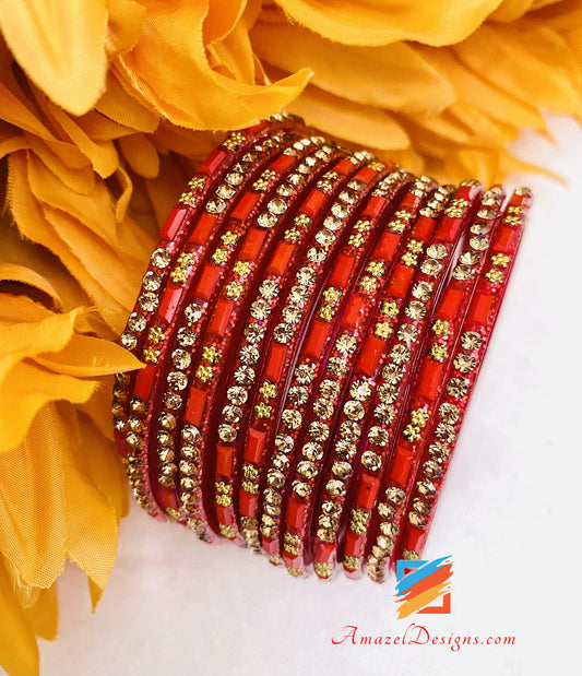 Golden Touch Red Glass Bangles With Stones