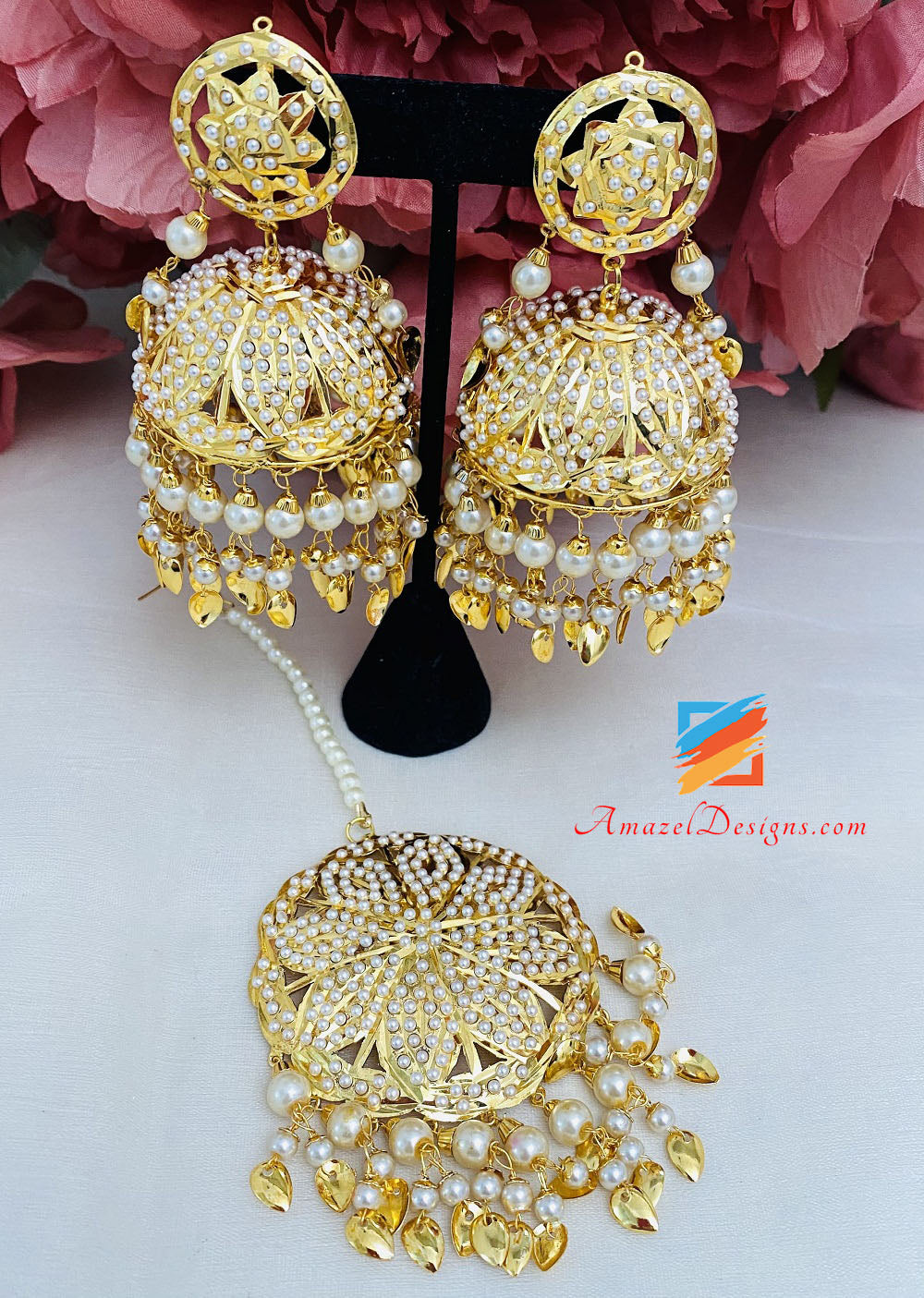 Golden Traditional Jadau Oversized Jhumka And Tikka Set