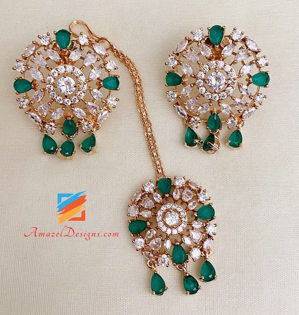 Green American Diamond (AD) Necklace Studs Tikka Set