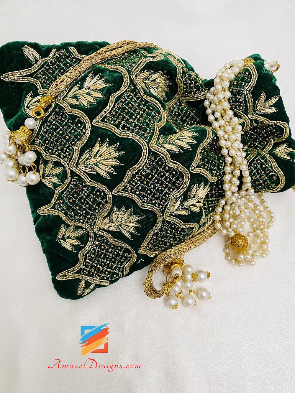 Green Dabka Tiny Beads Work Potli