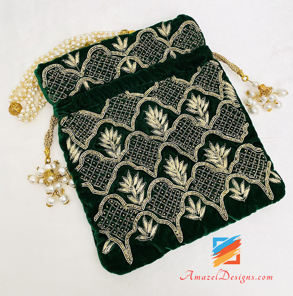 Green Dabka Tiny Beads Work Potli