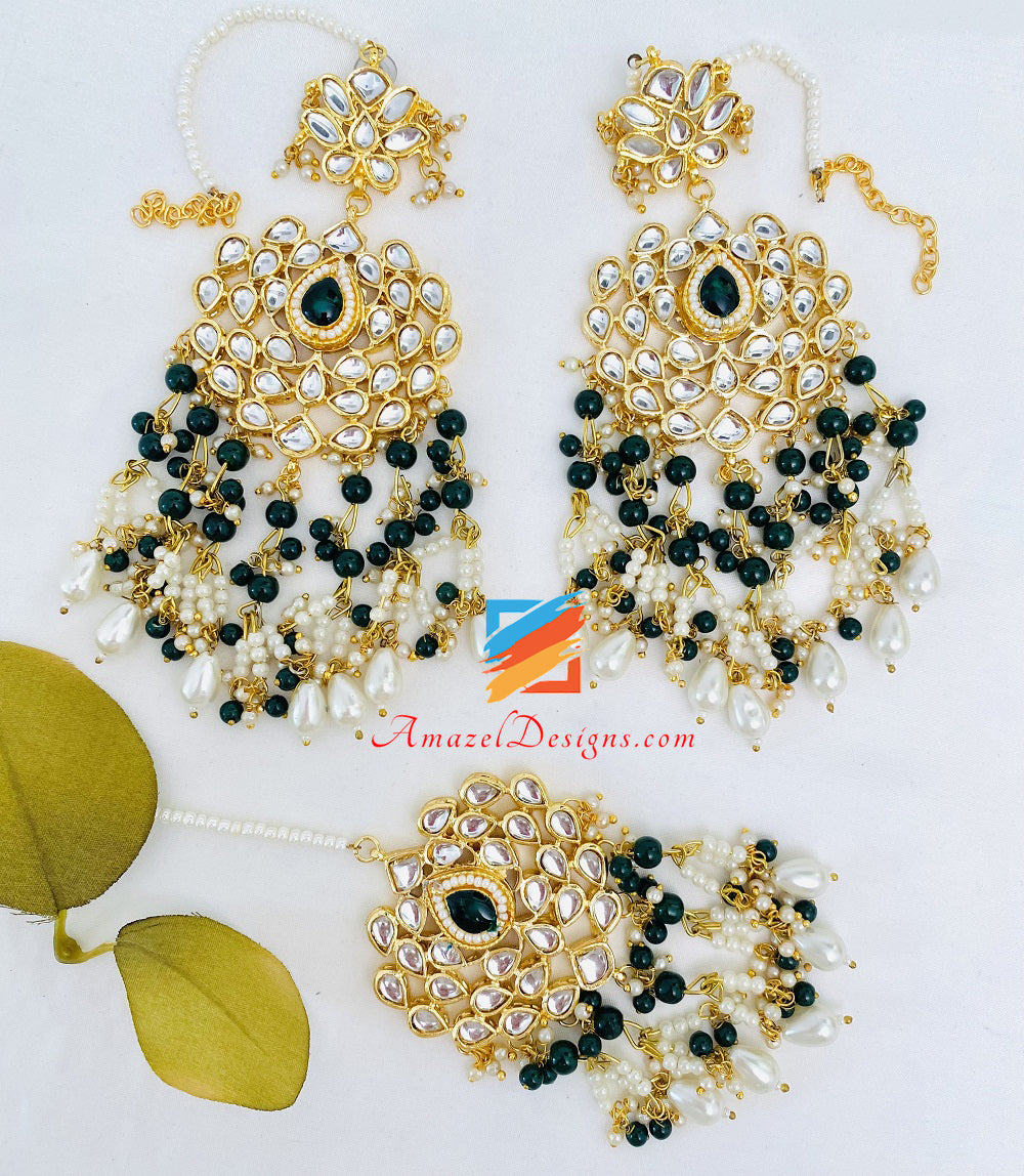 Kundan Green Emerald Choker Necklace Earrings Tikka Set