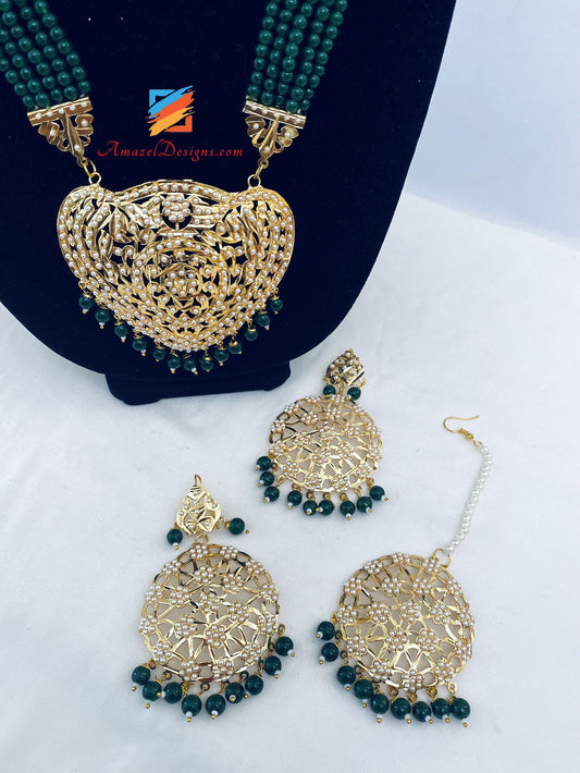 Set di orecchini Tikka Jadau Rani Haar verde smeraldo dorato