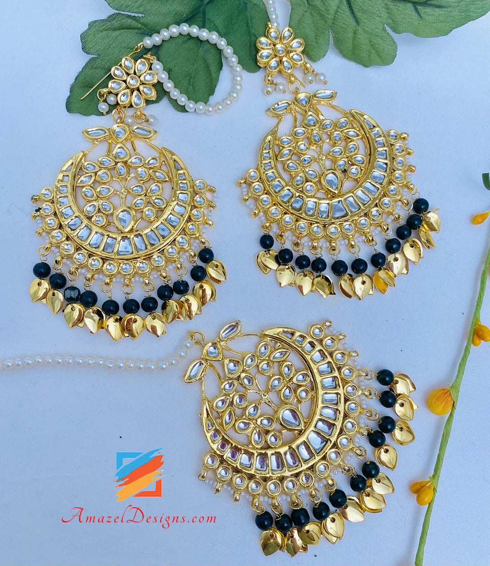 Green Emerald Golden Kundan Oversized Earrings Tikka Set