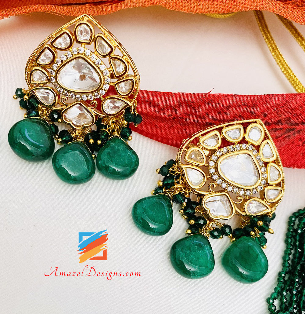 Green Emerald High Quality Statement Kundan Choker Necklace Studs Set