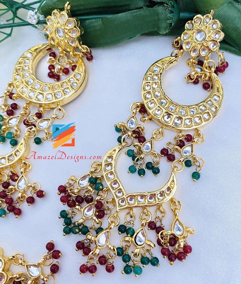 Green Emerald Maroon Ruby Kundan Earrings Tikka Set