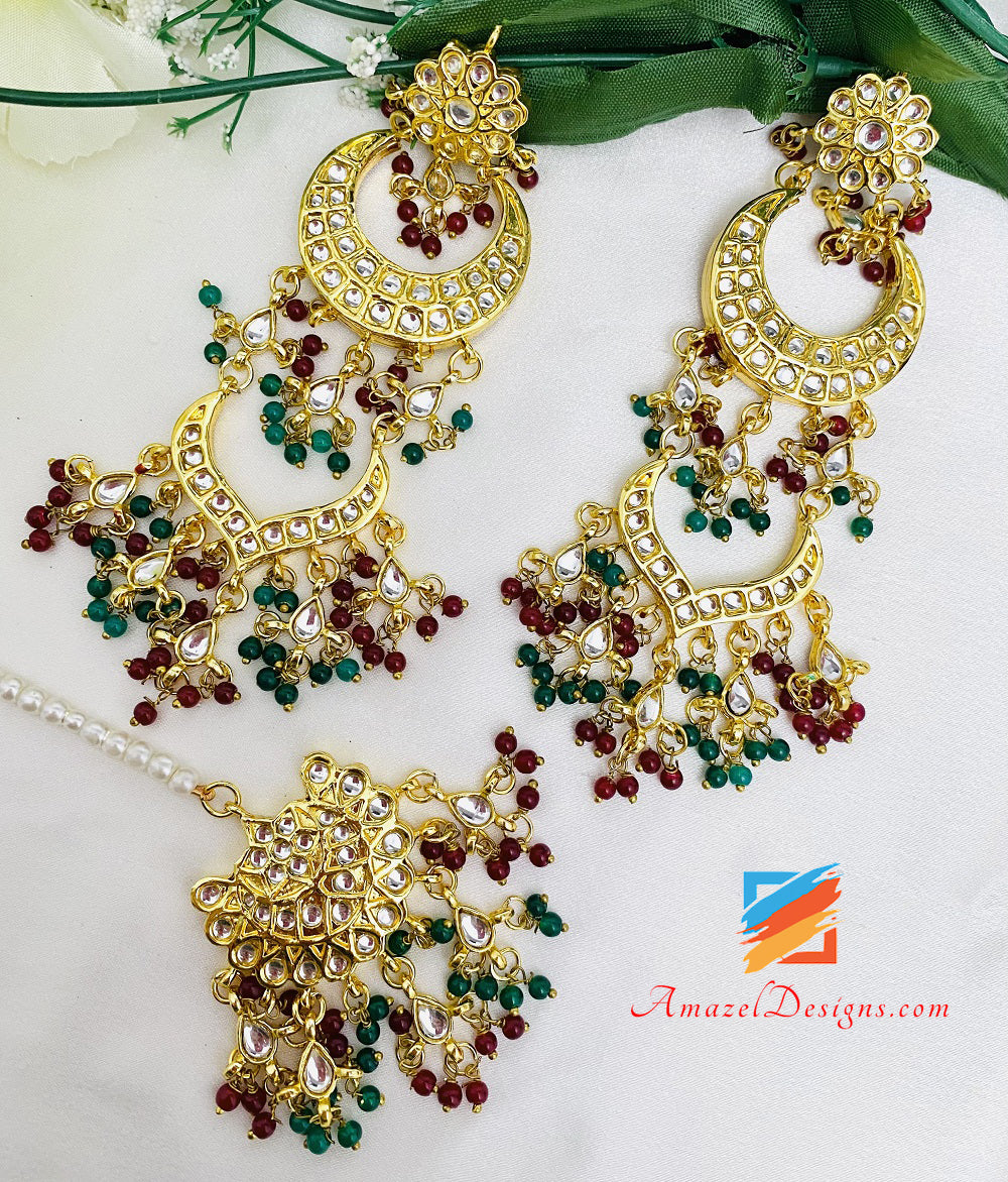 Green Emerald Maroon Ruby Kundan Earrings Tikka Set