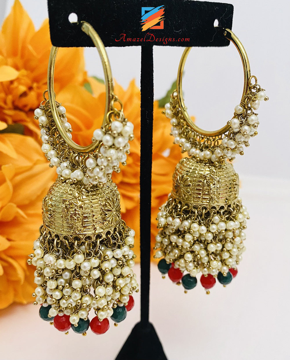 Green Emerald Maroon Ruby Pearly Jhumki Waliyaan