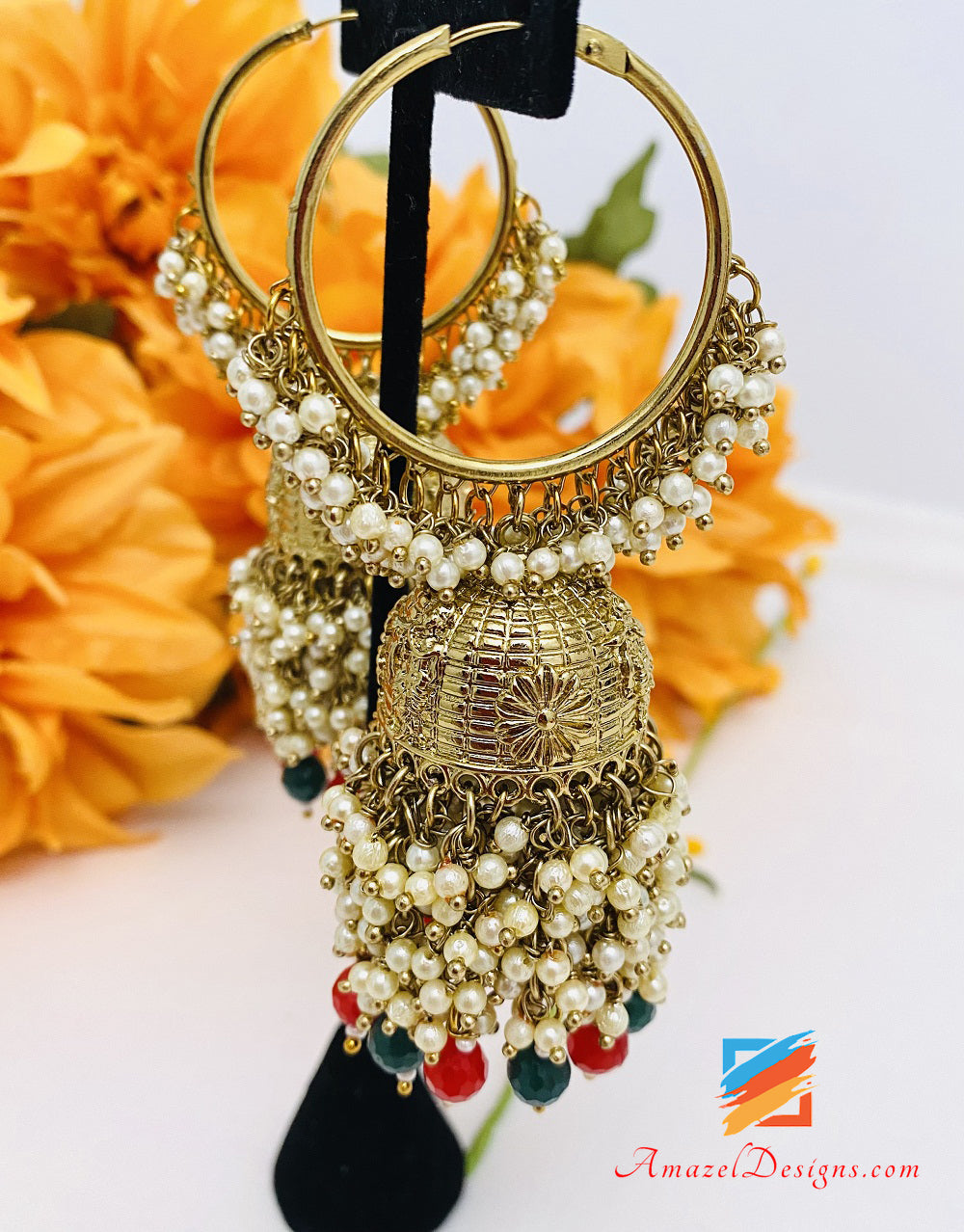 Green Emerald Maroon Ruby Pearly Jhumki Waliyaan
