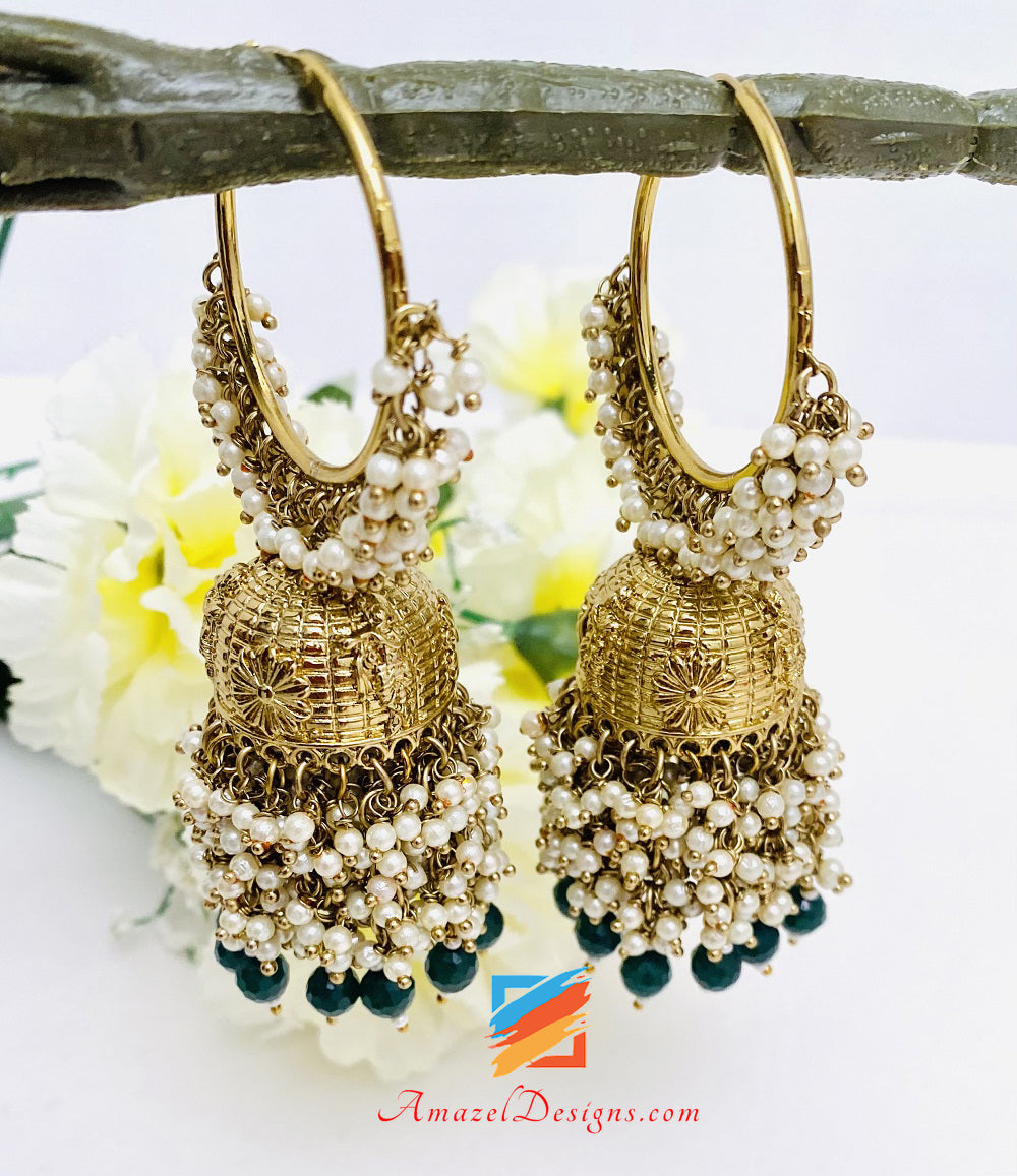 Green Emerald Pearl Bunches Jhumki Waliyaan