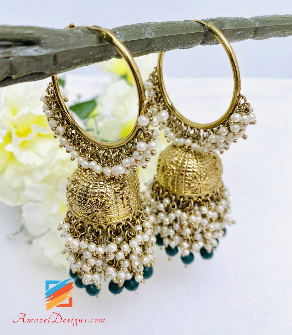 Green Emerald Pearl Bunches Jhumki Waliyaan