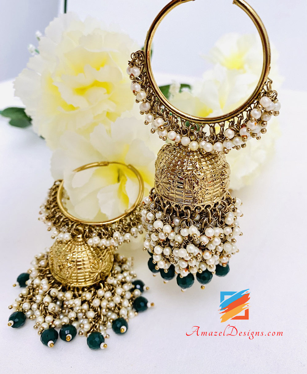 Green Emerald Pearl Bunches Jhumki Waliyaan
