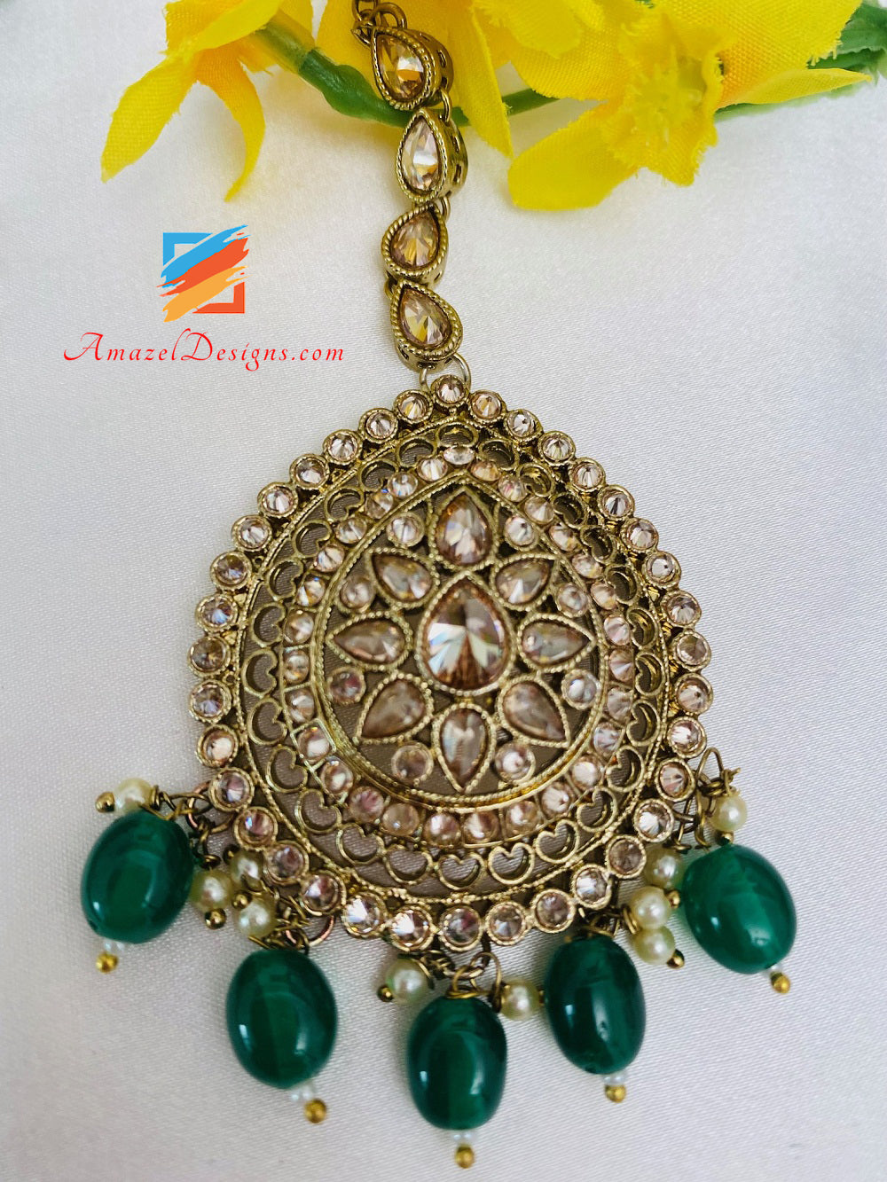 Green Emerald Polki Flexible Necklace Earrings Tikka Jhumer Set
