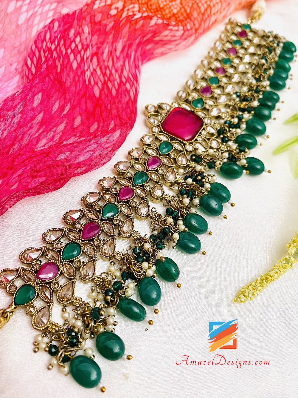 Green Emerald Polki Monalisa Chocker Necklace Studs Earrings Tikka Set