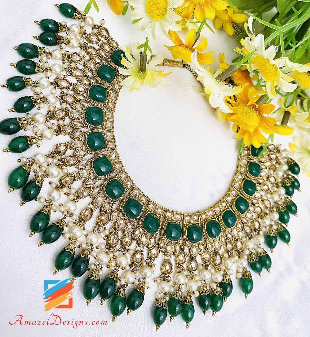 Green Emerald Polki Monalisa Necklace Earrings Tikka Set