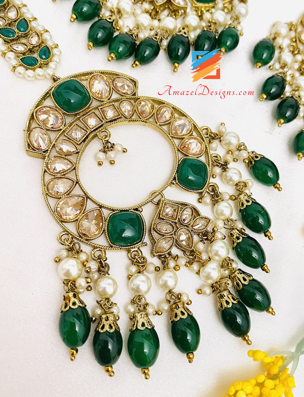Green Emerald Polki Monalisa Necklace Earrings Tikka Set