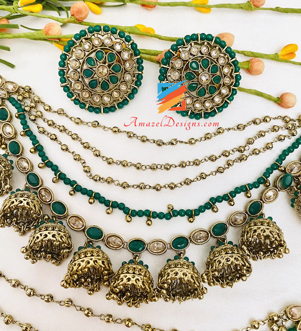 Green Emerald Polki Studs With Layer Of Jhumkis Detachable Sharas Tikka Set
